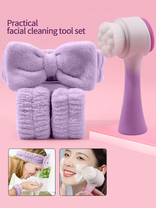 Silicone Facial Cleansing Brush Massage Care Face Brush&Spa Headband and Wristband Set Skin Care Headband