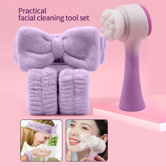 Silicone Facial Cleansing Brush Massage Care Face Brush&Spa Headband and Wristband Set Skin Care Headband